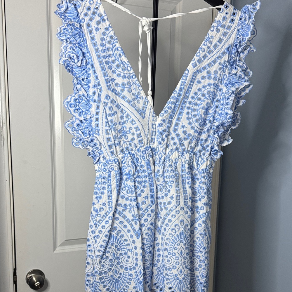 Light Blue & White Lace Romper - Women's V-Neck Jumpsuit - Picture 5 of 6